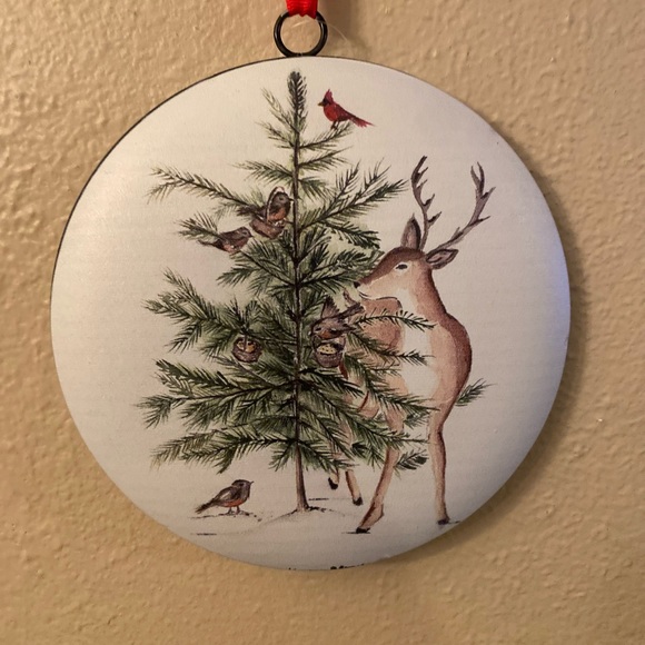 Large Christmas Tree, Deer, Cardinal & Birds Ornaments Set of 2, Red Ribbon Hook - Picture 10 of 12